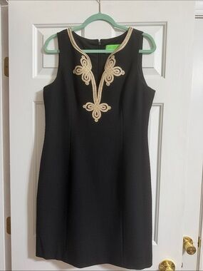 Pappagallo Black and Gold Formal Sleeveless V Neck Zip Up Shift Dress Size 10